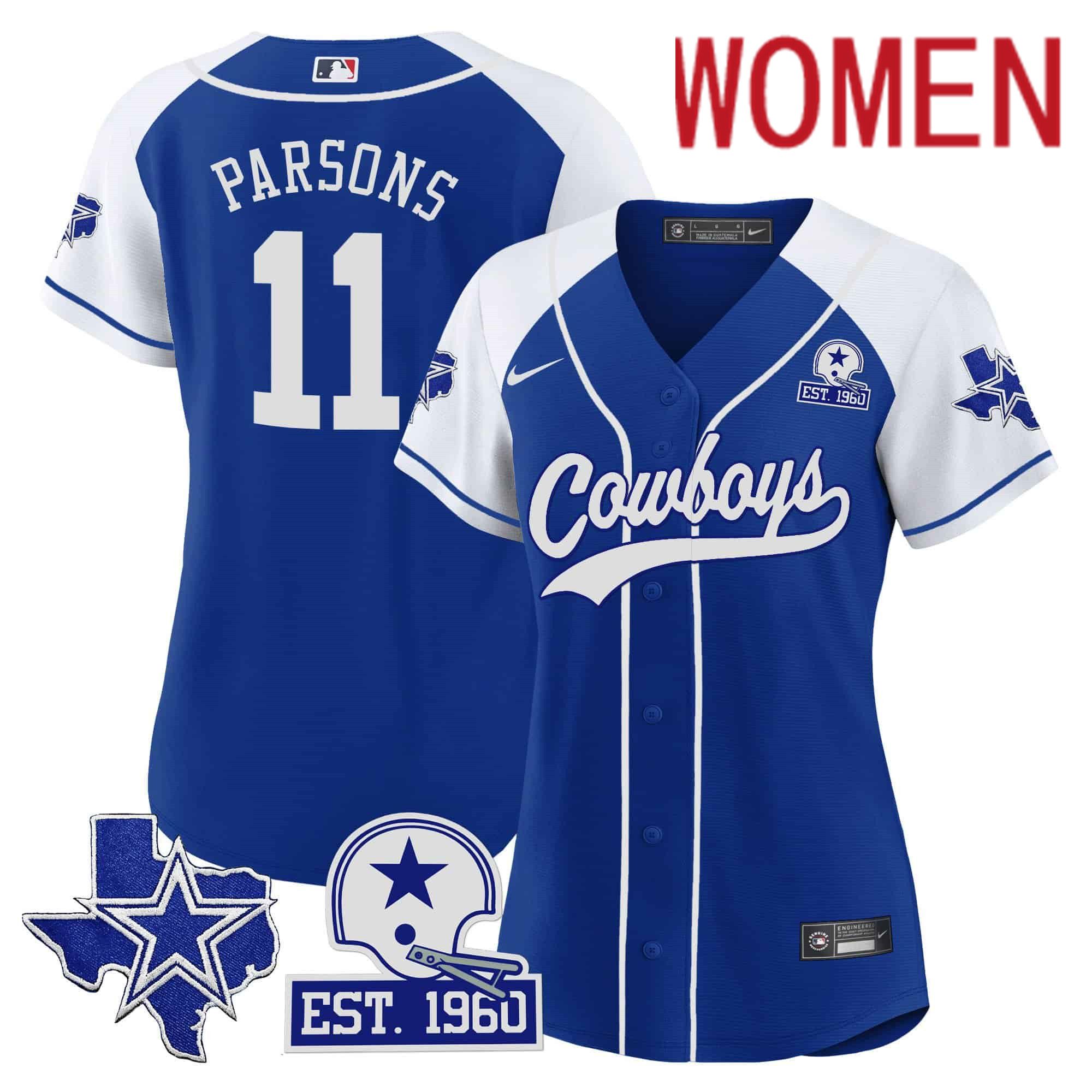 Women Dallas Cowboys 11 Parsons Blue 2024 Nike Patch Baseball NFL Jersey style 1